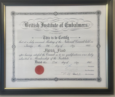 Patrick Flood is a member of the British Institute of Embalmers